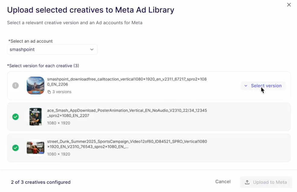 Select ad account and version.png