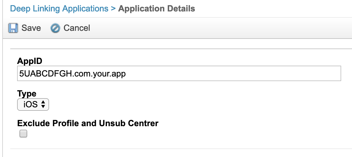 [ALT TEXT NEEDED: describe the SFMC deep linking configuration screen shown here]