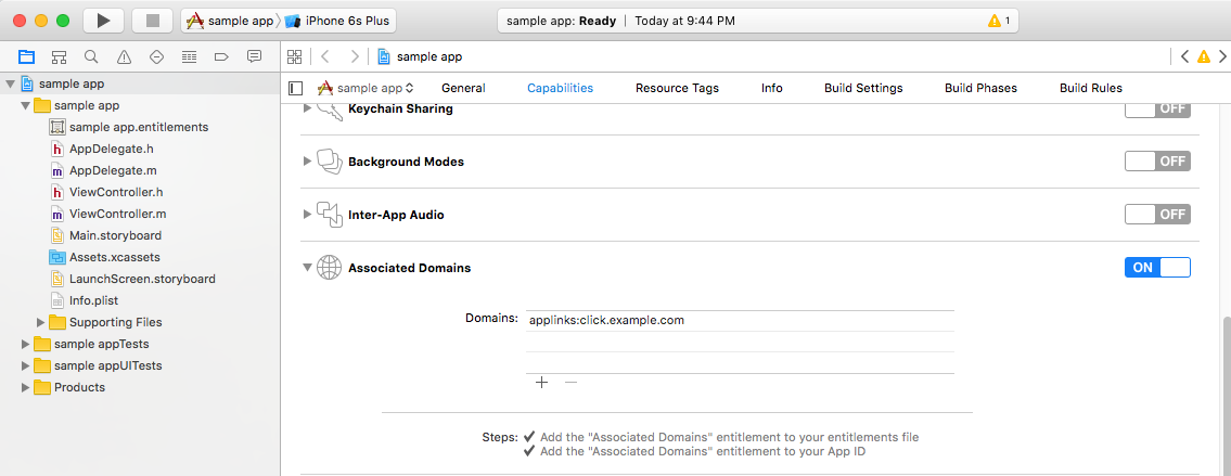 [ALT TEXT NEEDED: describe the Xcode associated domains screen]