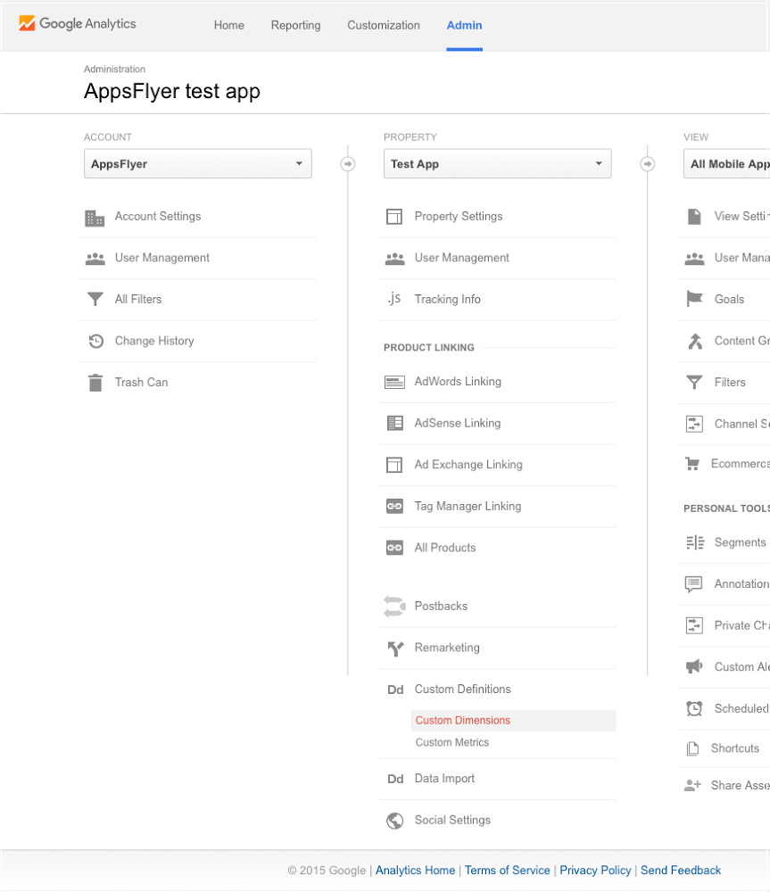 Custom Dimensions option in the Google Analytics Admin panel