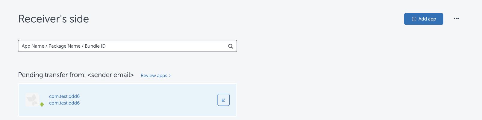 Receiver's My apps page showing a pending app transfer request with a Review request option
