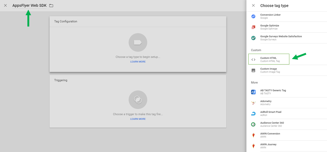 Create a new tag for the AppsFlyer Web SDK in Google Tag Manager